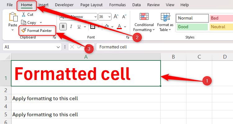 An Excel sheet with a cell selected, and the Format Painter in the Home tab highlighted.