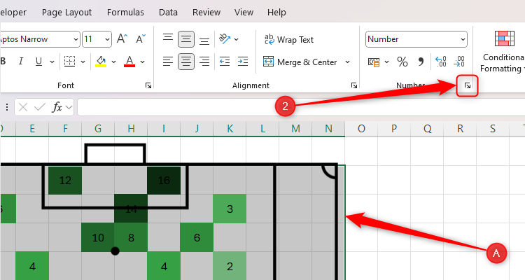 An Excel sheet with some cells selected, and the Nunmber Format icon highlighted.