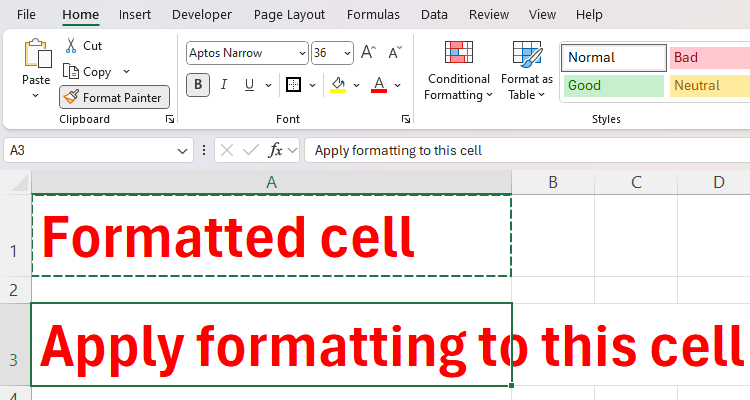 An Excel sheet with the Format Painter selected via a double-click, and other items being formatted accordingly.