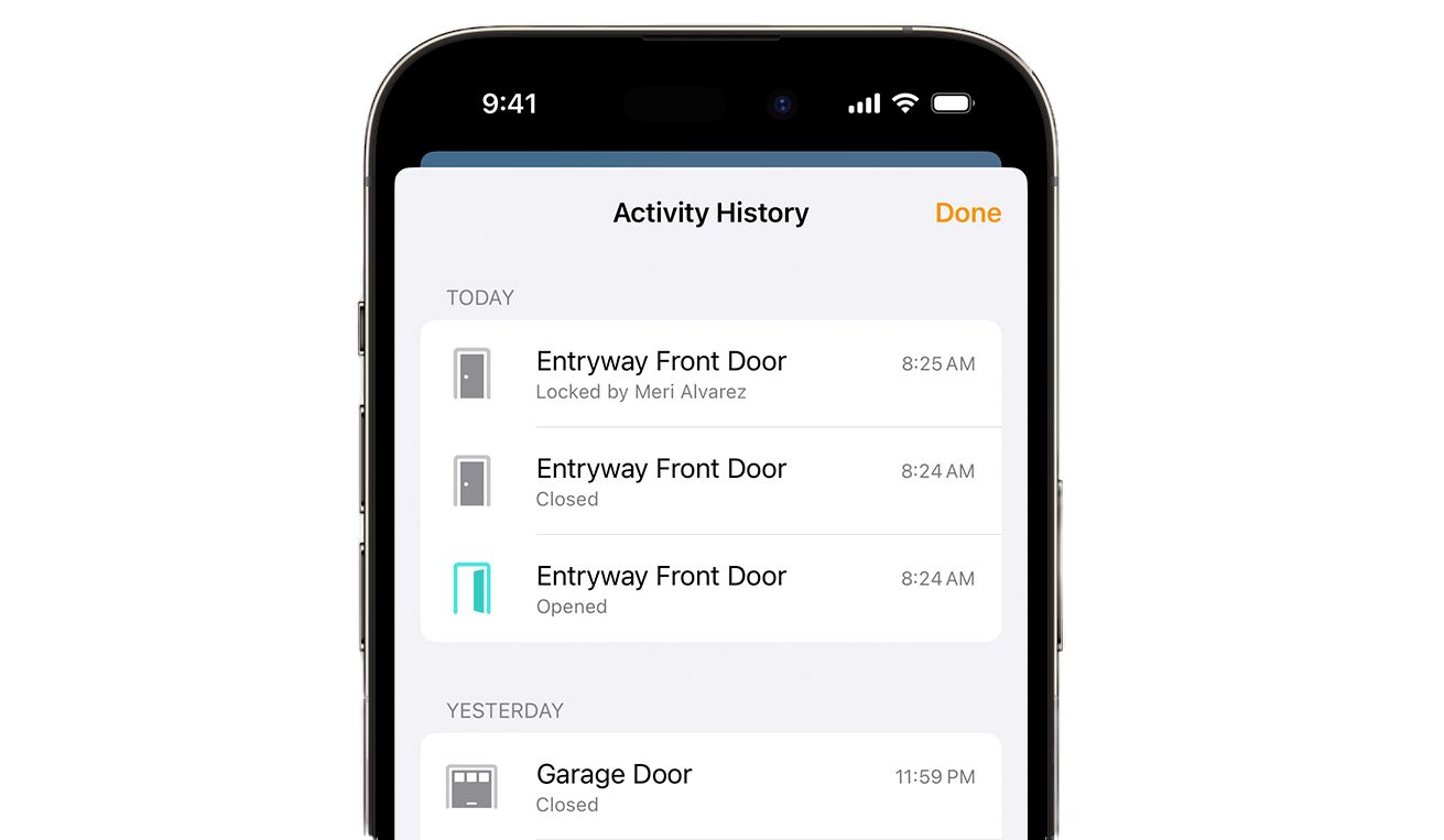 Apple HomeKit activity history in the home app.