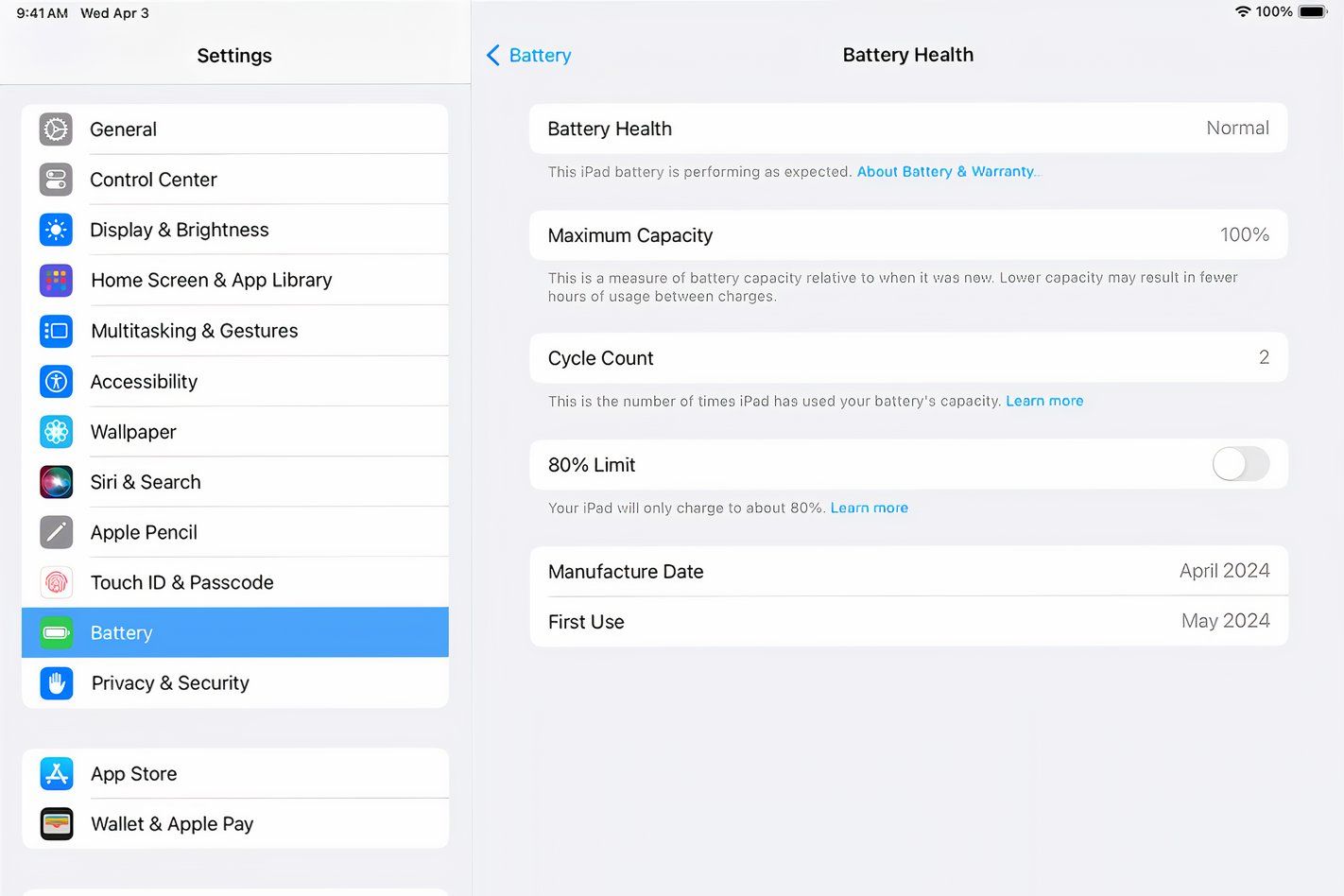 The iPad's Settings app showing battery health statistics.