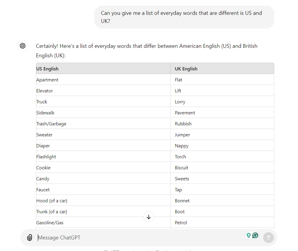 Asking ChatGPT for a list of everyday words different in the US and UK.