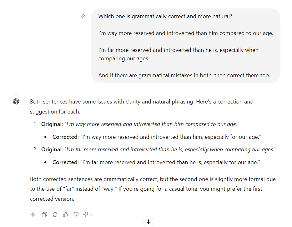 Asking ChatGPT to check the Grammar and syntax of sentences.