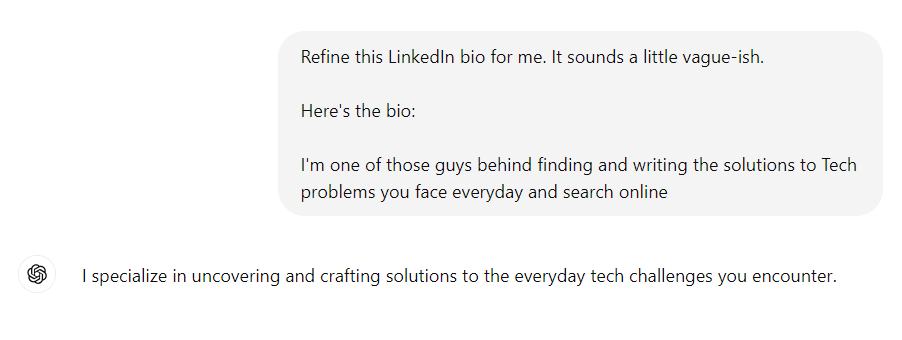 Asking ChatGPT to refine a LinkedIn bio.