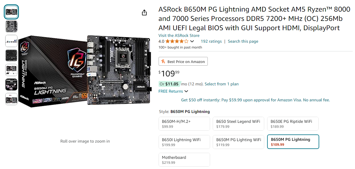 A screenshot of the ASRock B650M motherboard showing the comparatively cheaper prices of microATX over full ATX.