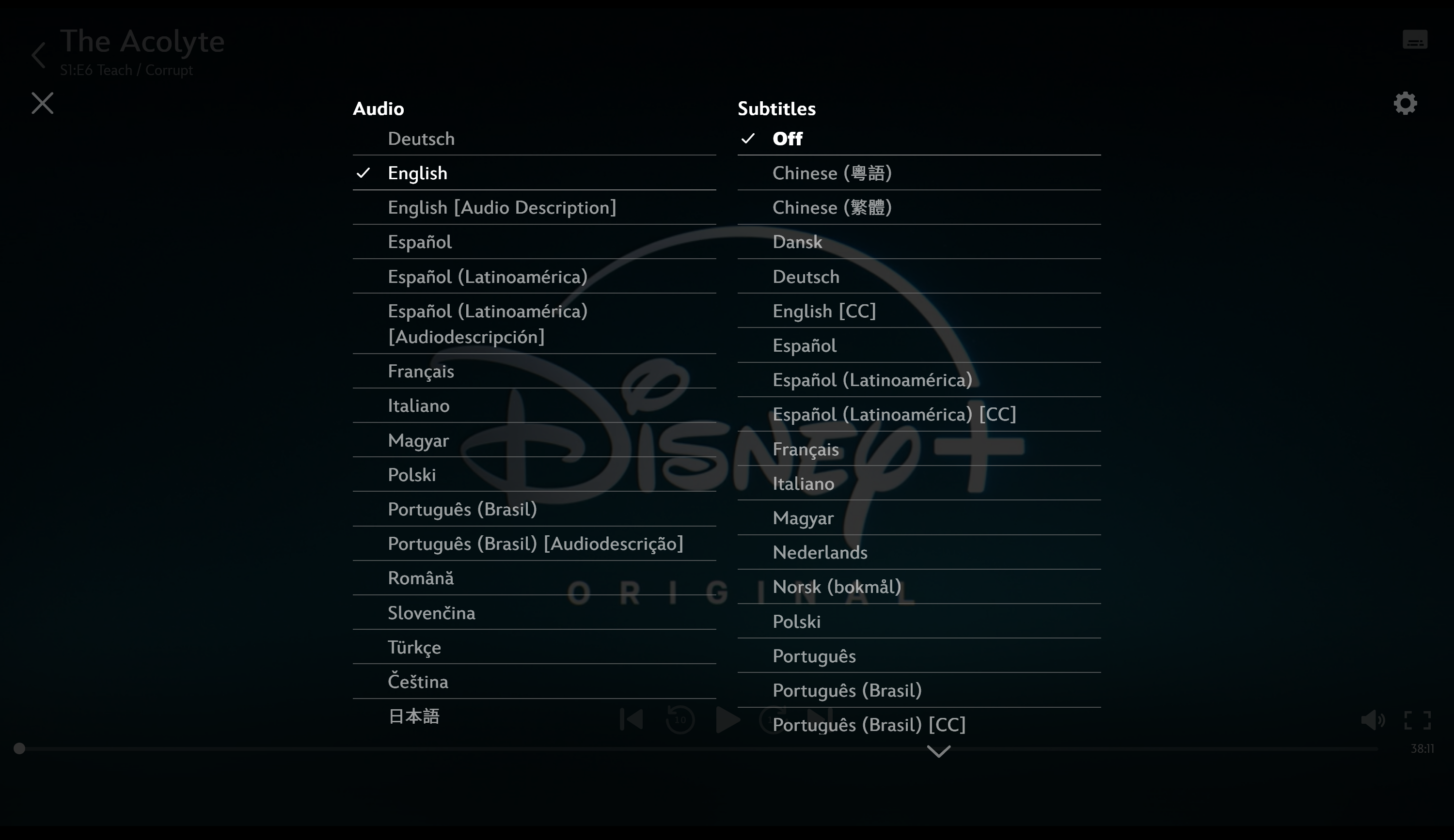 Audio and subtitle settings on Disney+.