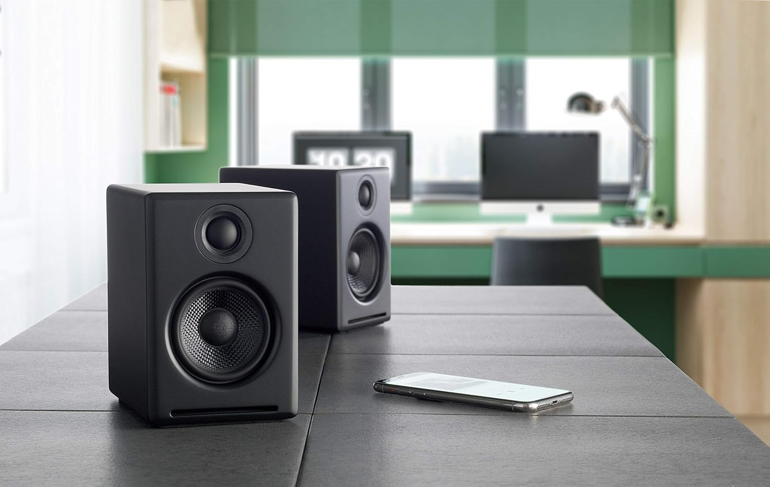 Audioengine A2 Plus Wireless speakers in home office