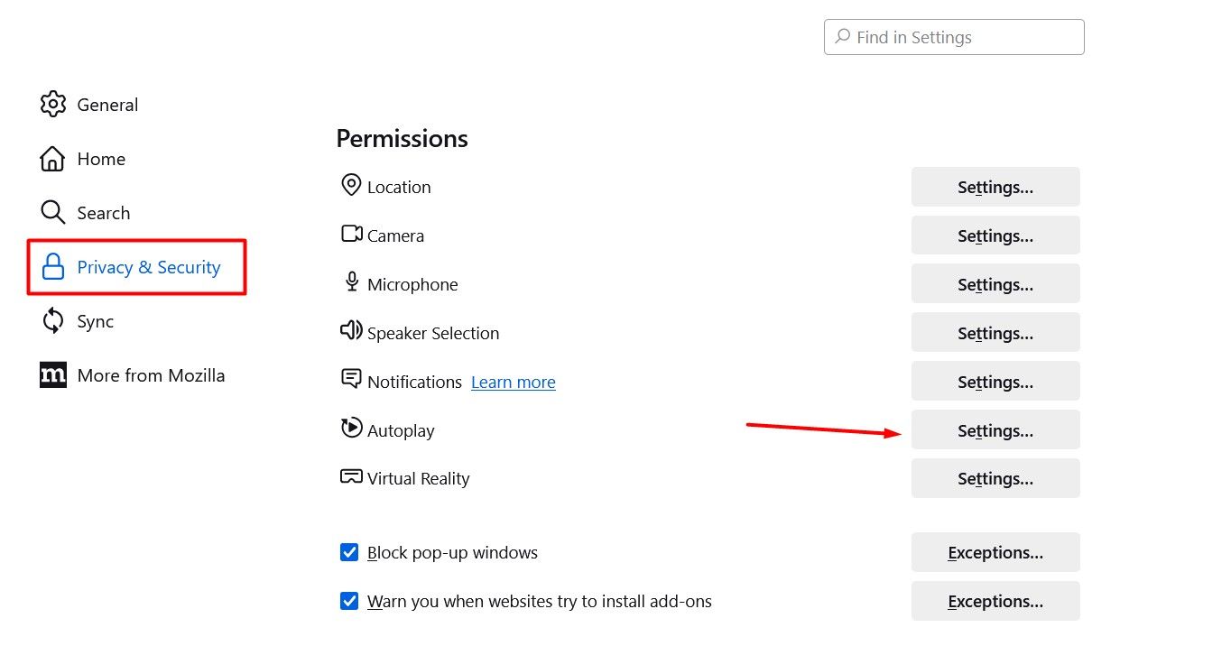 Autoplay Settings option in the Firefox Settings Menu.