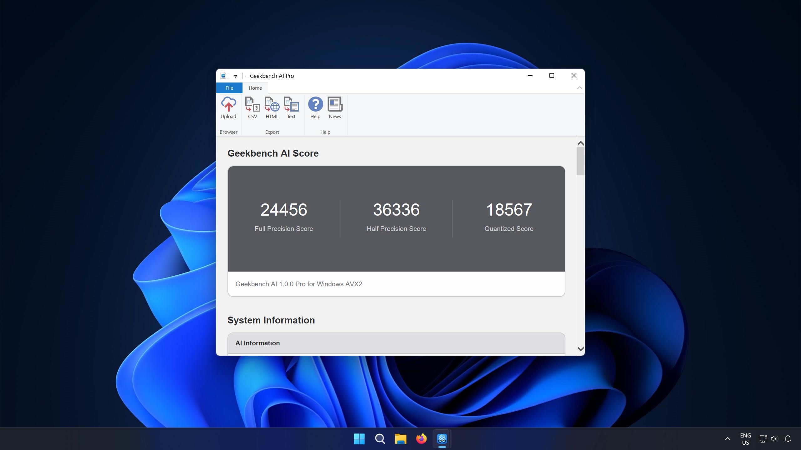 Screenshot of Geekbench's AI benchmark.