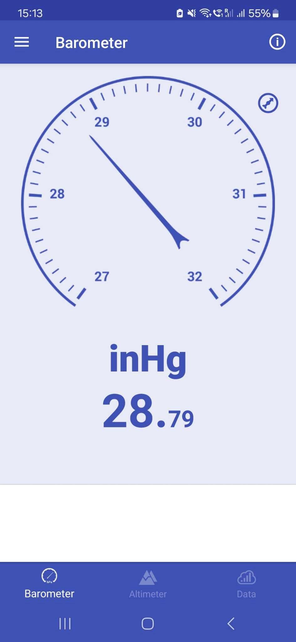 A barometer app showing an atmospheric pressure of 28.79 inHg on a smartphone.