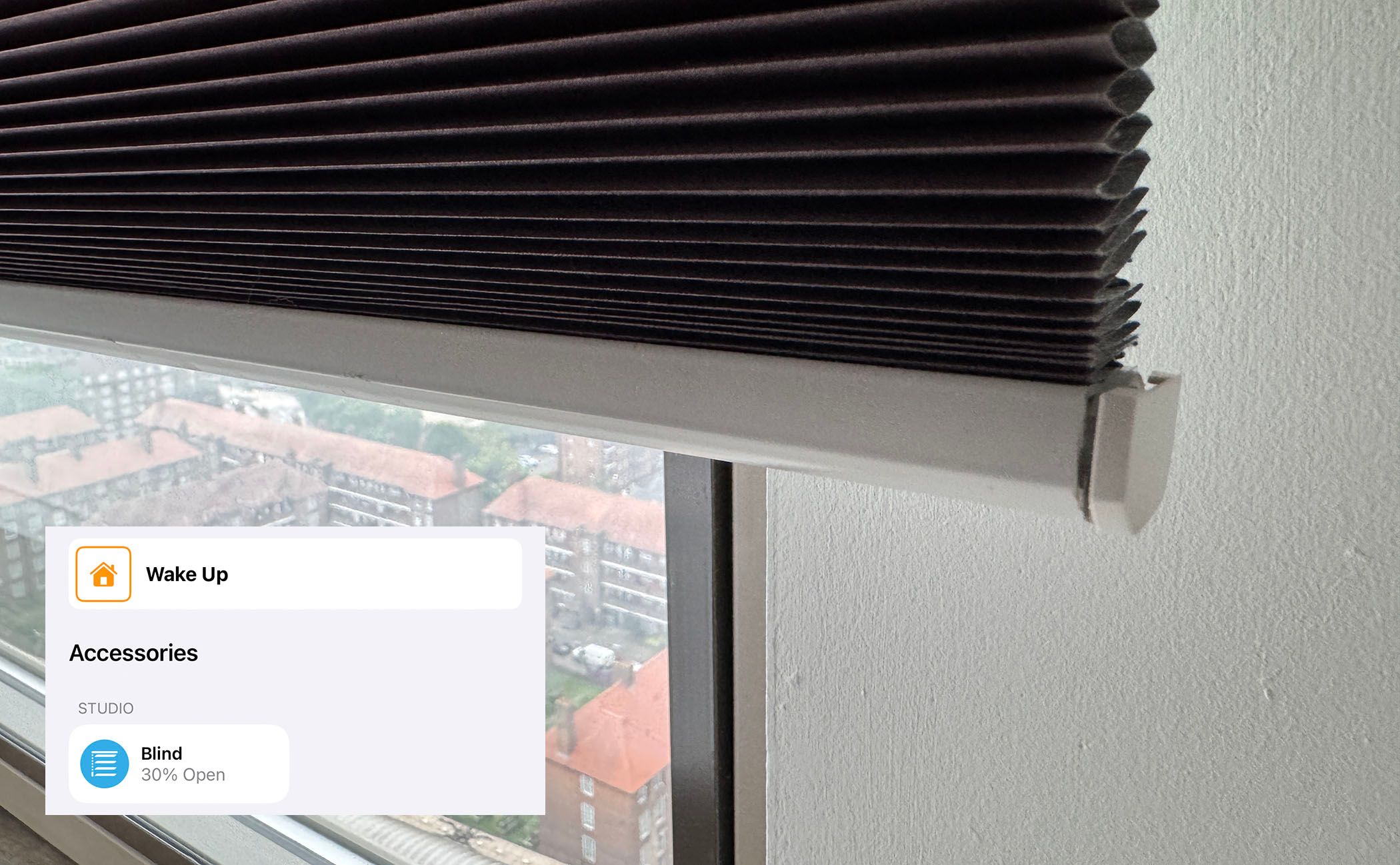 Motorized smart blinds and a HomeKit automation.