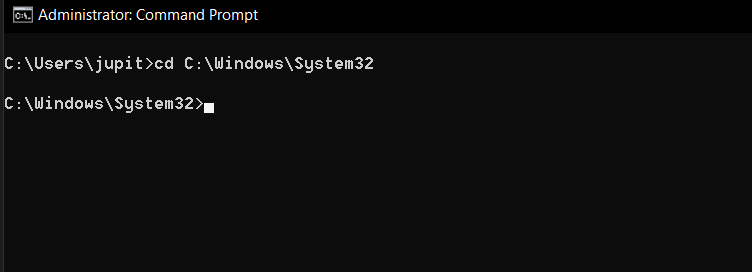 Using the change directory command in Windows to move to the System32 folder.