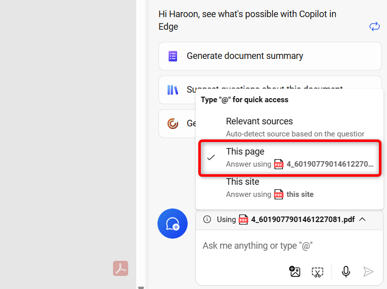 Changing input source of Copilot from web to 'This Page' in Microsoft Edge.