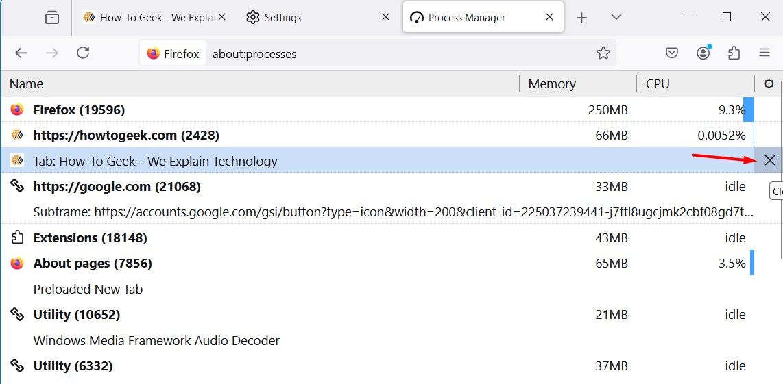 Close icon in Firefox Task Manager.
