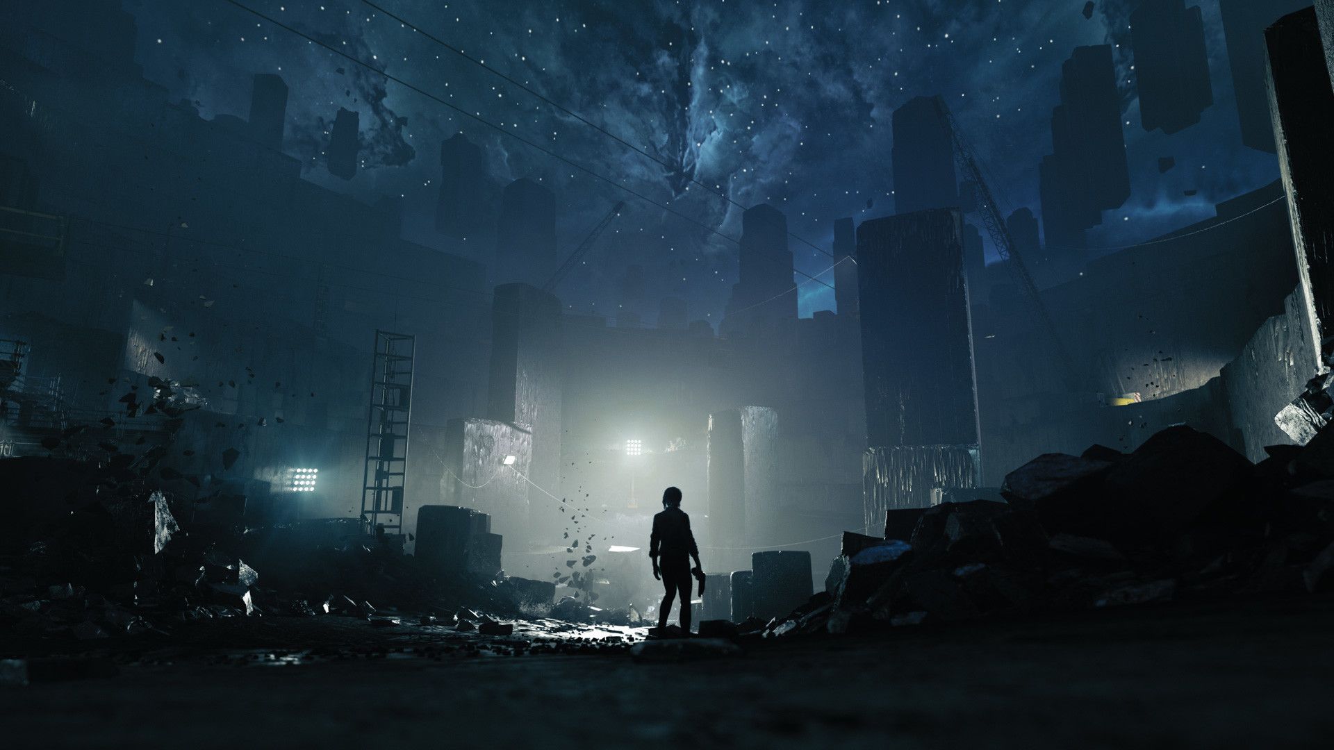 Control screenshot showing a surreal scene with floating objects and a starfield