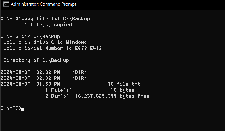 Using the copy command in Windows to copy a file to a new location.