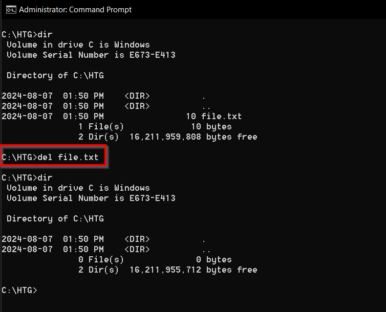 Using the del command in Windows to delete a file. 