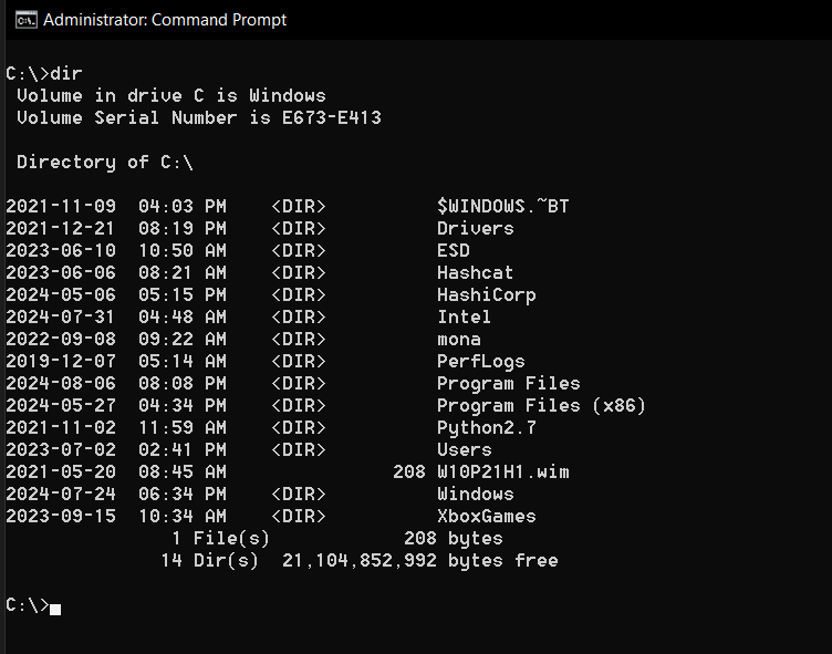 Using the dir command in Windows.