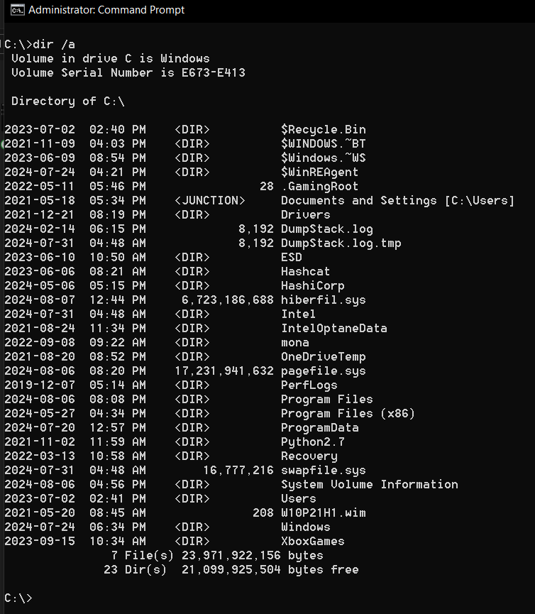 Using the dir command in Windows to display hidden directories and files. 