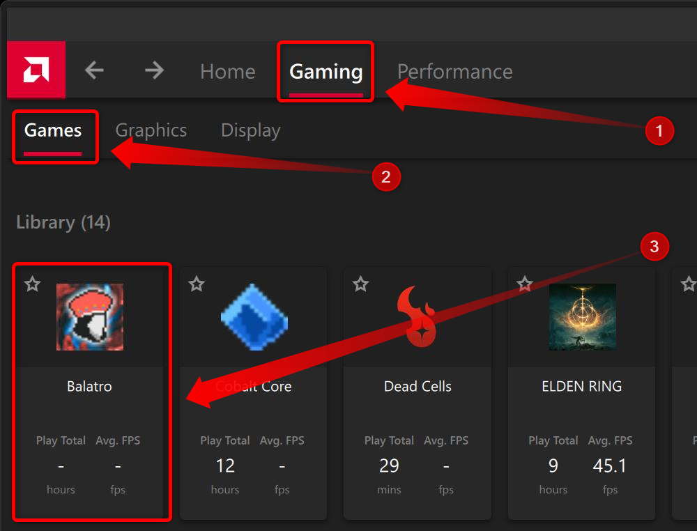 The Gaming tab in AMD Software listing installed games. 