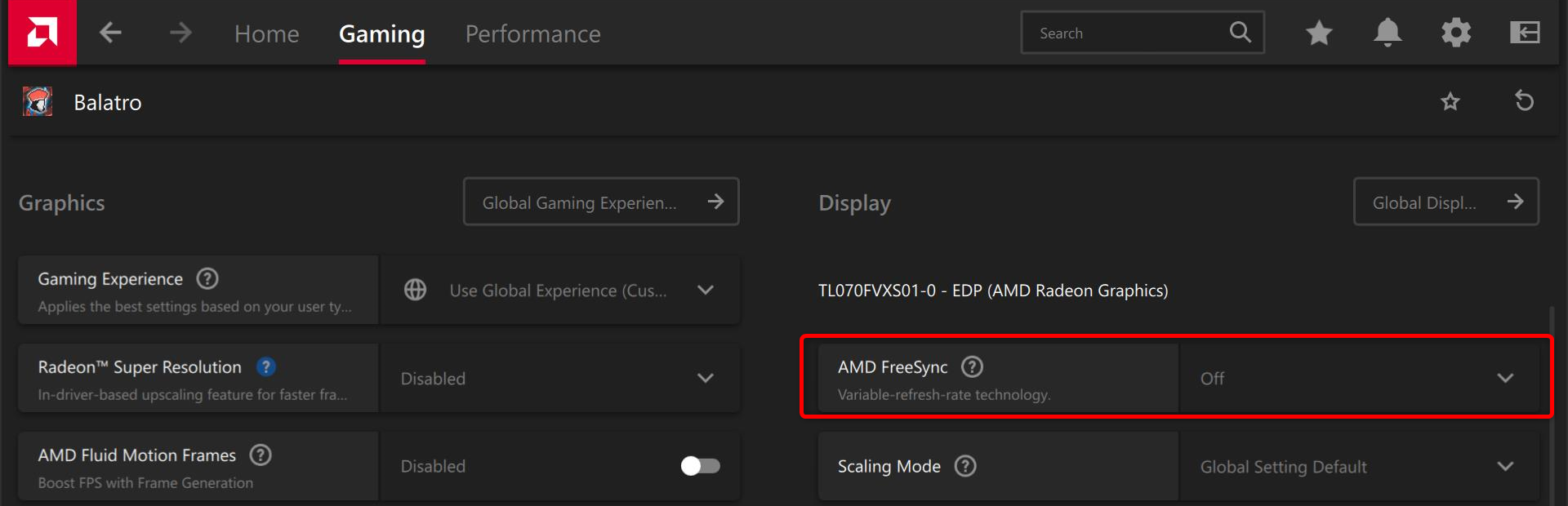 AMD FreeSync toggle in AMD software. 