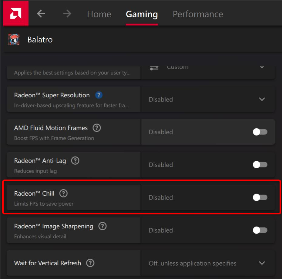 Graphics options in AMD software including Radeon Chill. 