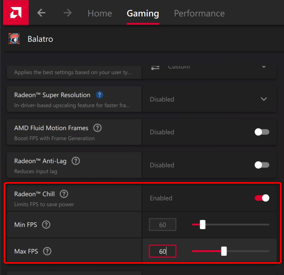 Customizing Radeon Chill options in AMD software. 