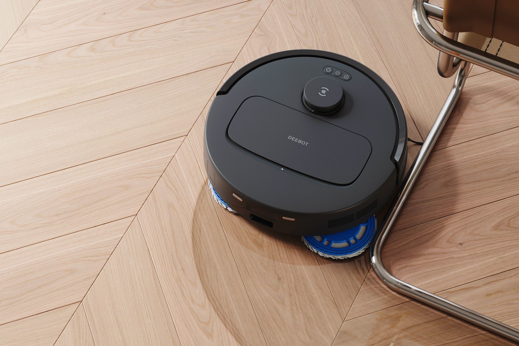 Ecovacs N30 OMNI robotic vacuum cleaner mop extending to clean a corner.