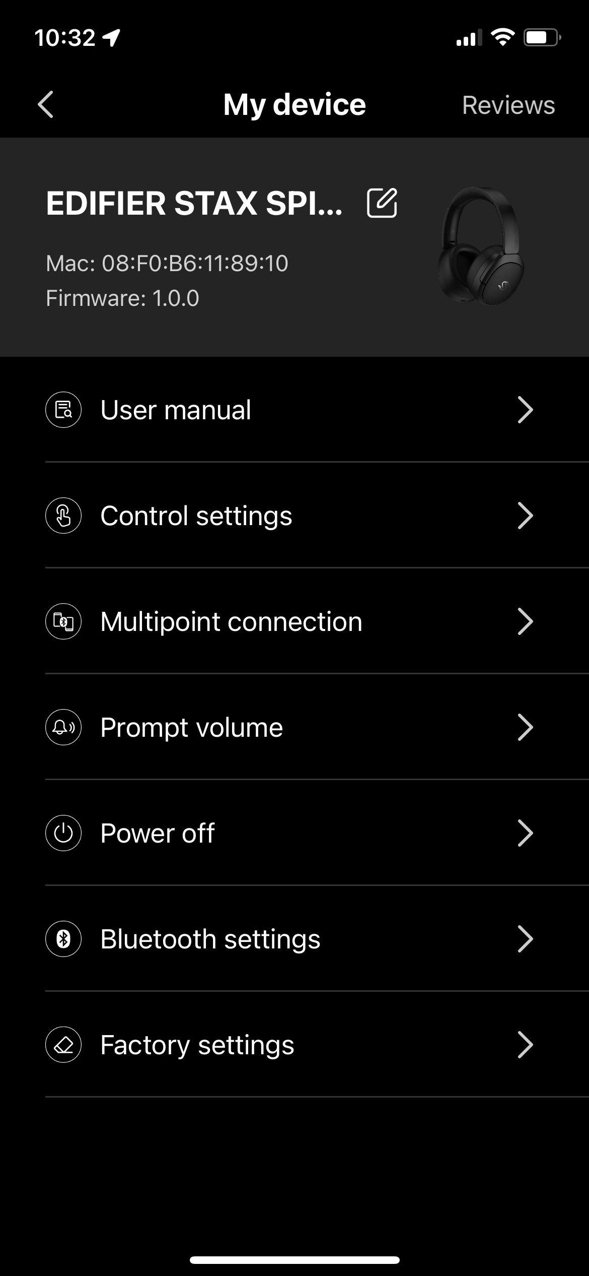 Settings screen of the Edifier ConneX app