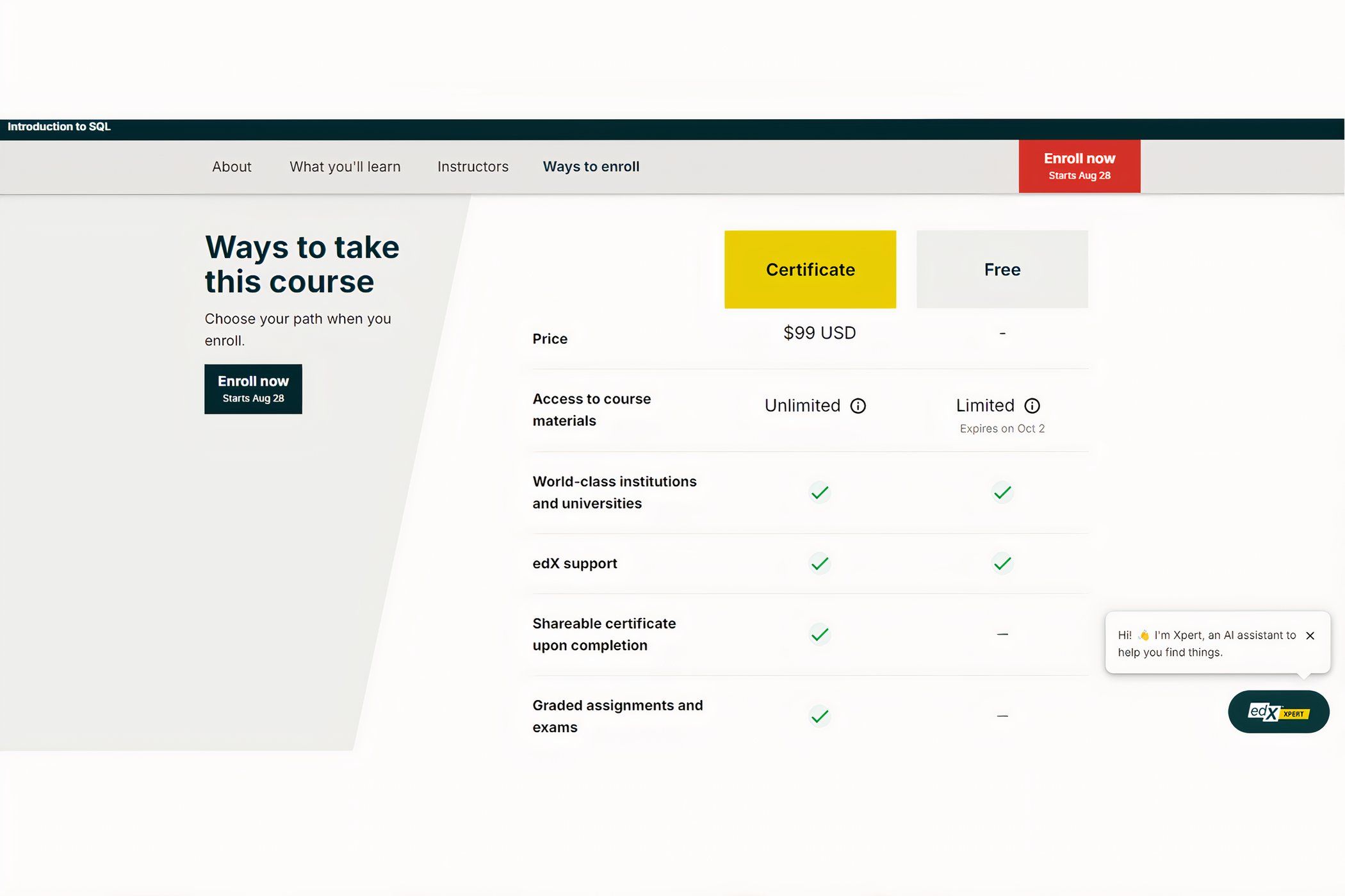 Screenshot of a chart showing the free vs. paid options on edX.com