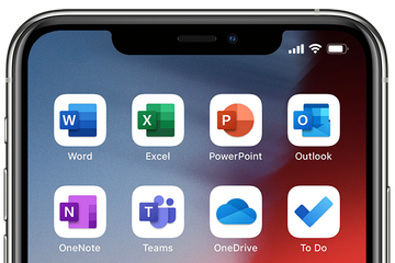 Eight Microsoft 365 mobile apps showing on a mobile phone.