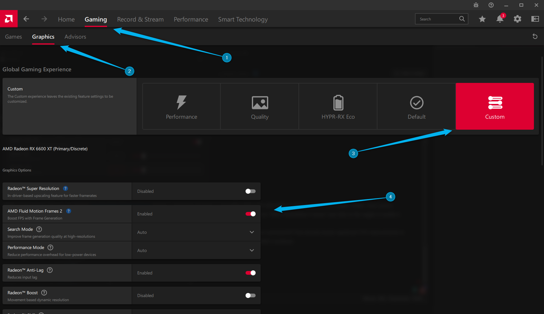 Enabling Fluid Motion Frames 2 in AMD Software.