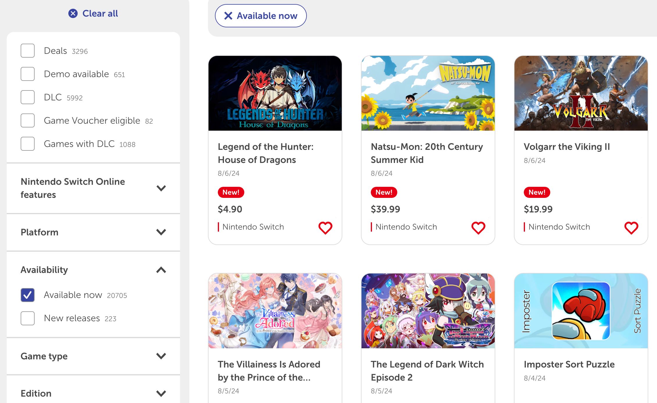 Nintendo.com's new releases page.