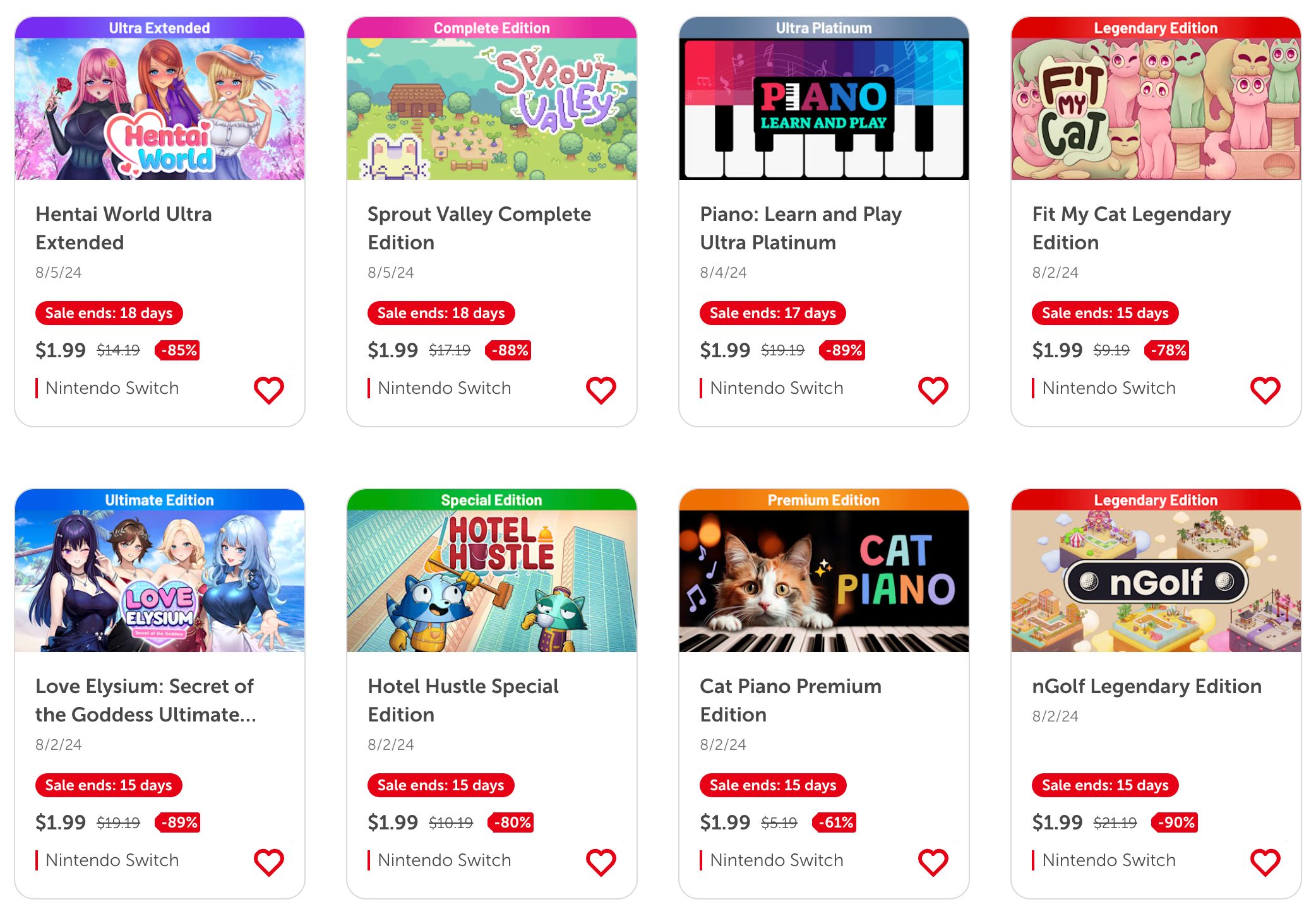 Nintendo.com eShop screenshot showcasing multiple edition releases from the same publisher.