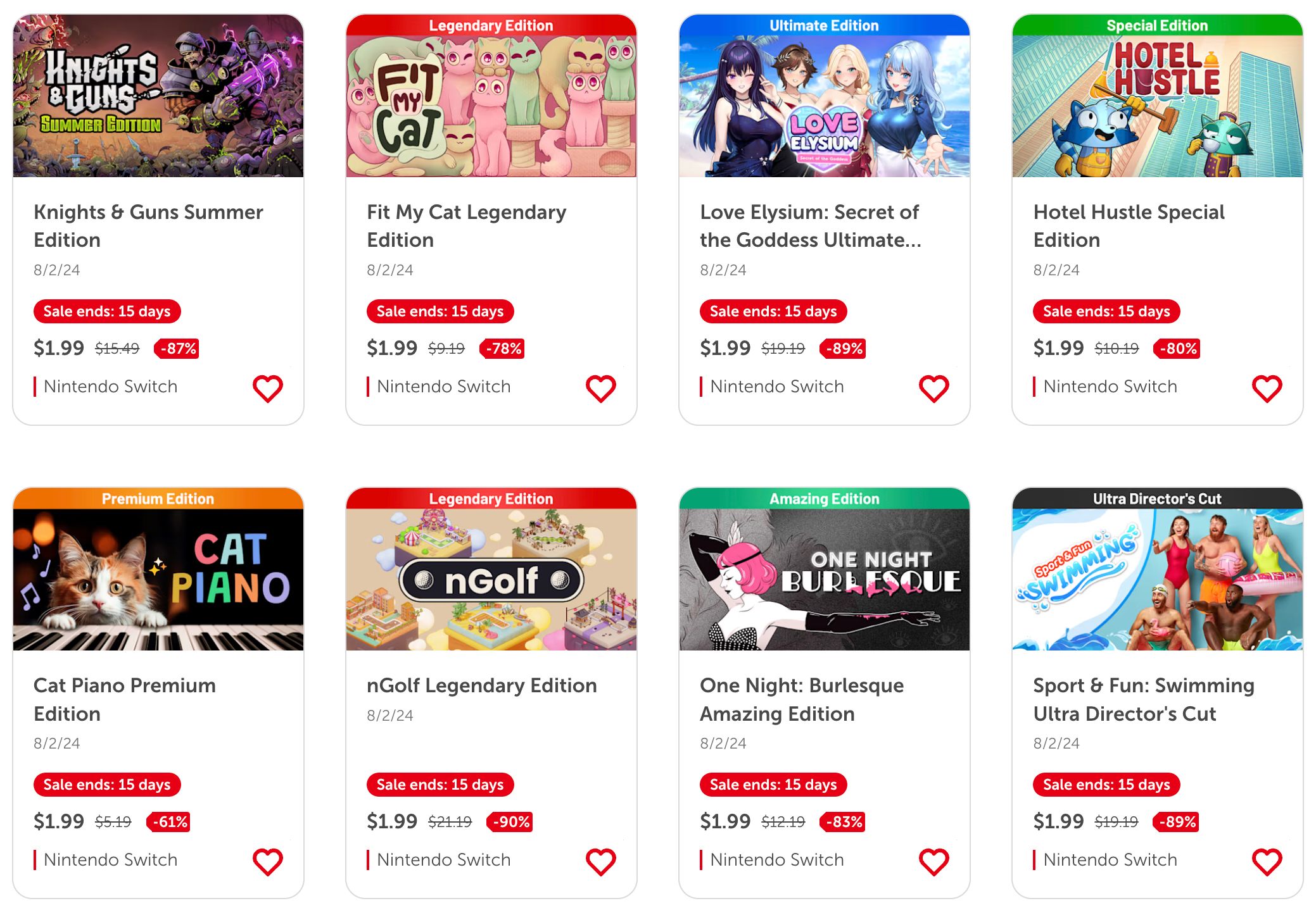 Nintendo.com eShop screenshot full of new edition releases of several games that are already available.