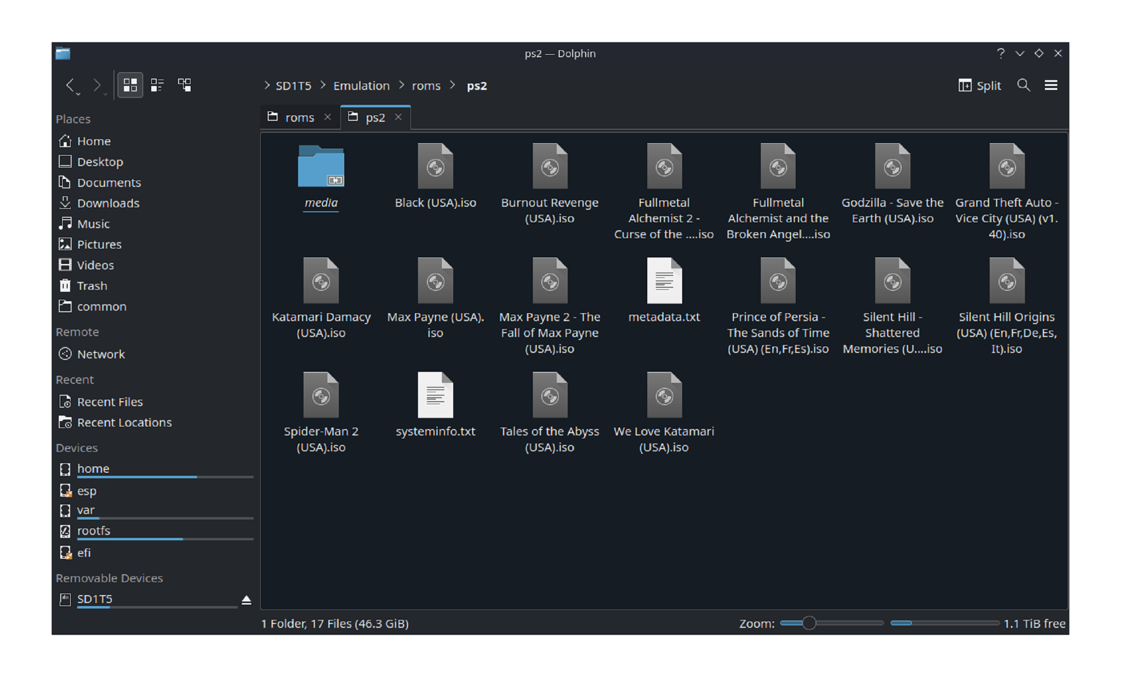 Various game files inside the "PS2" ROMs folder in Emudeck.