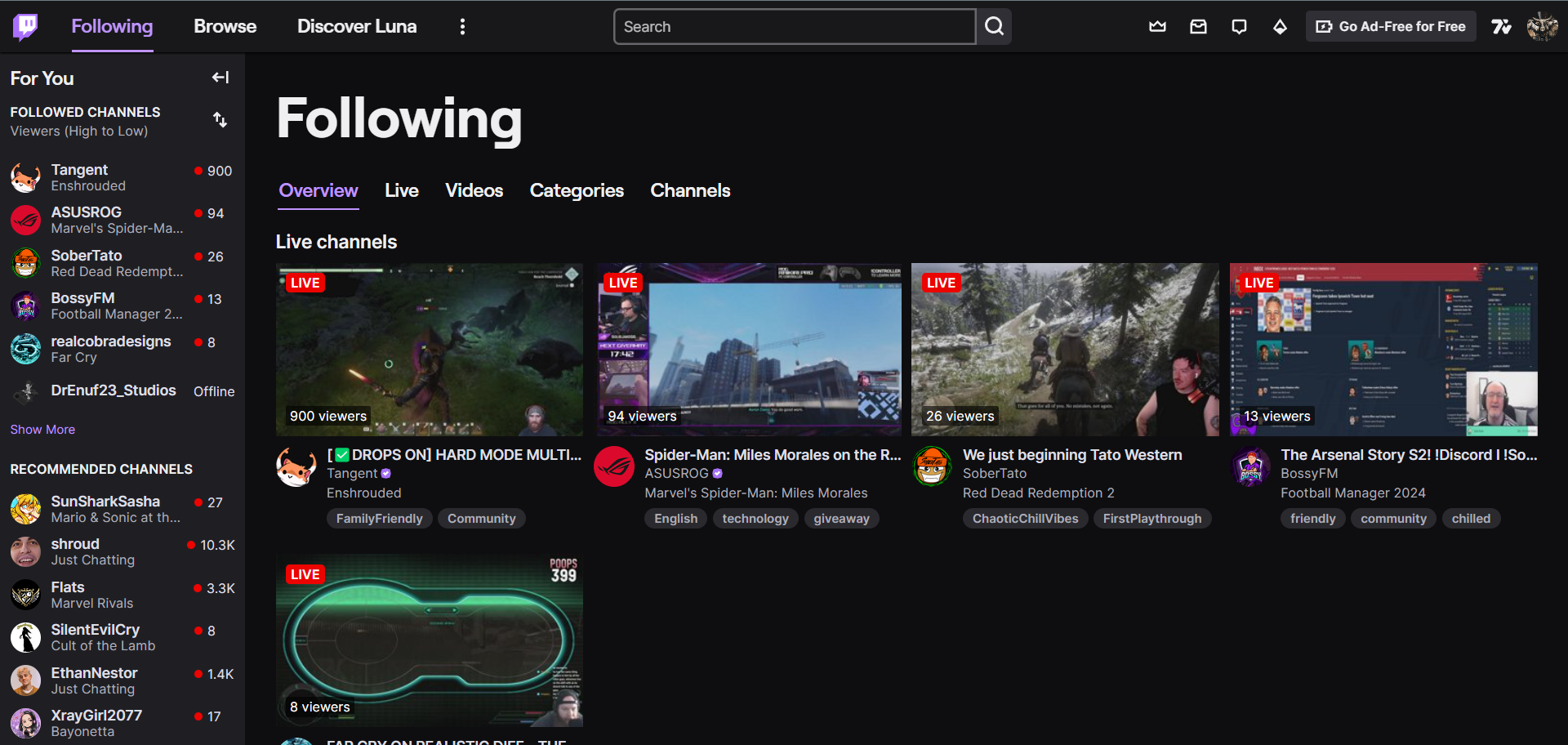 Twitch's "Following" page with the For You menu expanded.