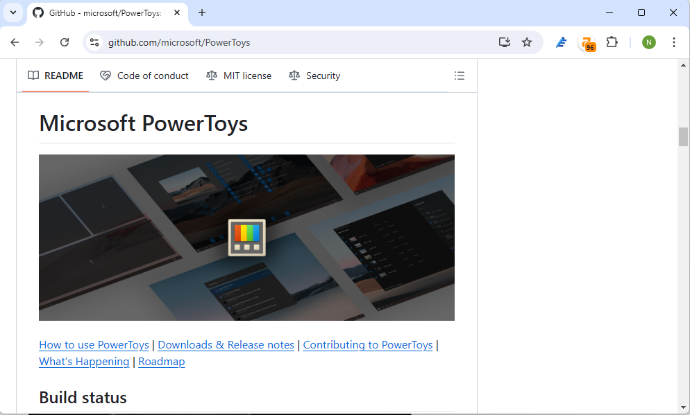 The GitHub page for Microsoft PowerToys. 