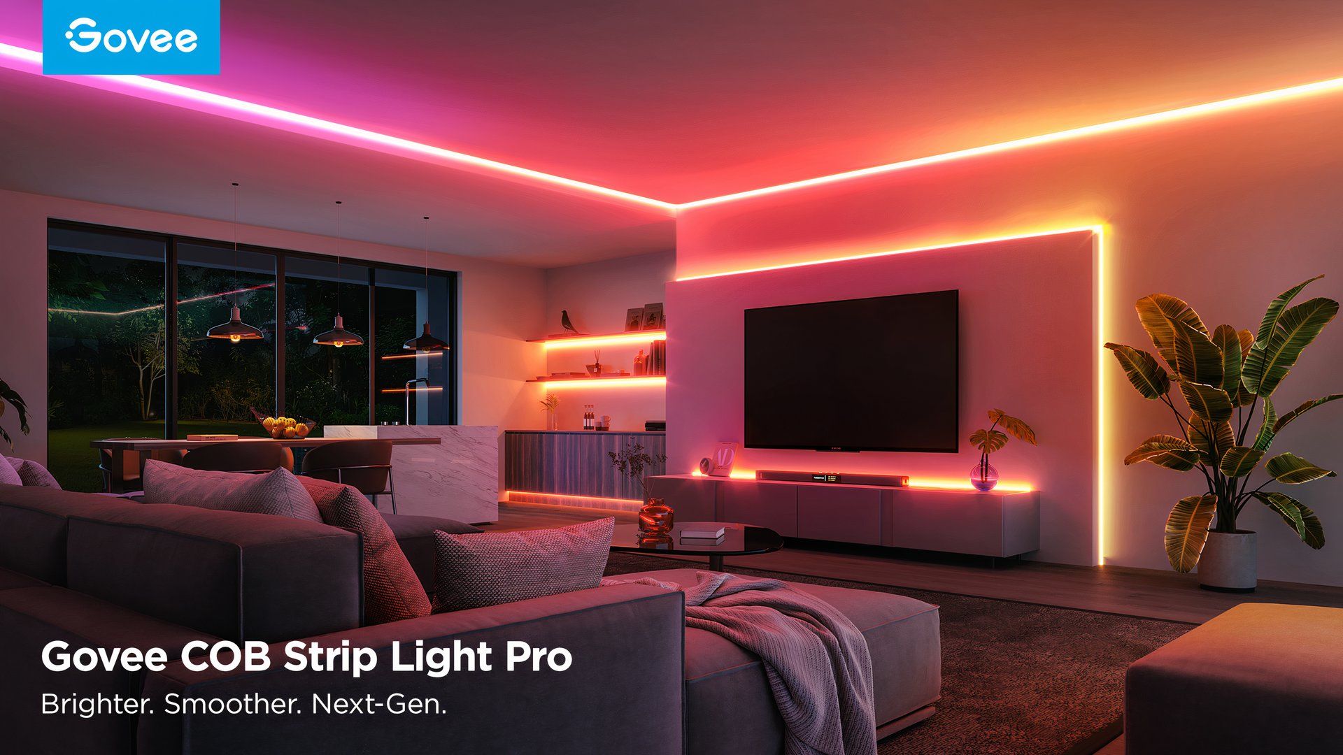 A living room with a big TV, lit with Govee's smart lighting.