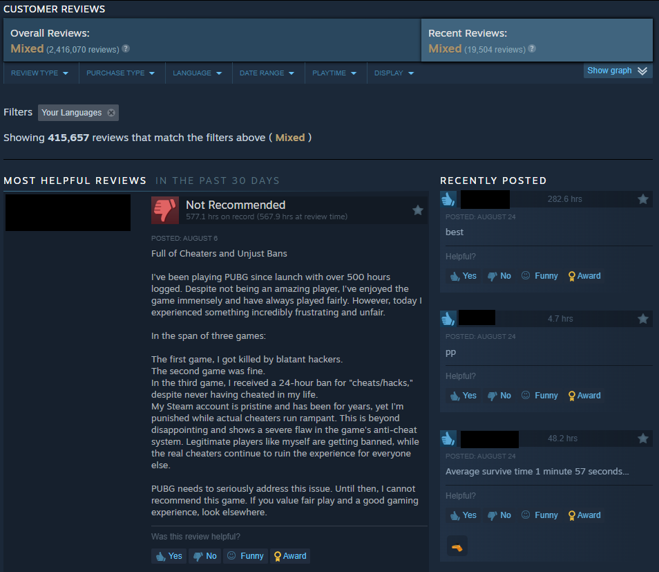 A screenshot of the reviews on the Steam PUBG store page without the new helpfulness system.