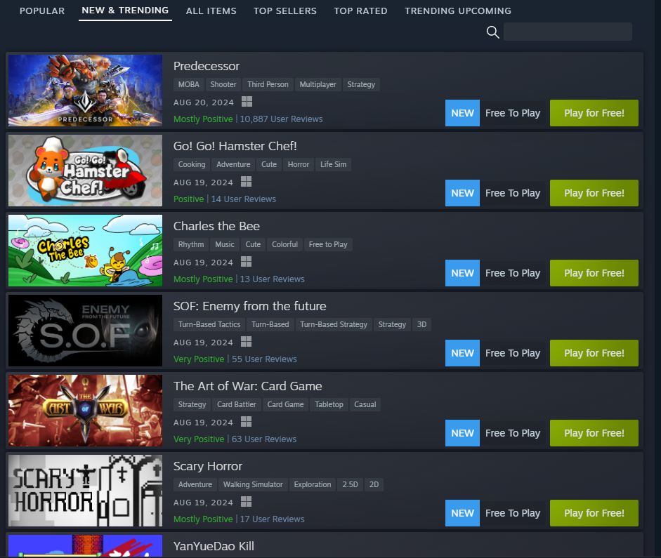 A screenshot of the New & Trending menu with all new games.