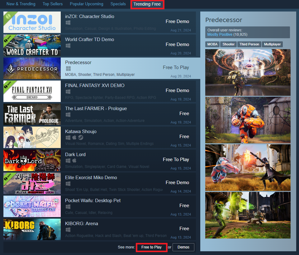 A screenshot of the new Trending Free menu with Predecessor highlighted.