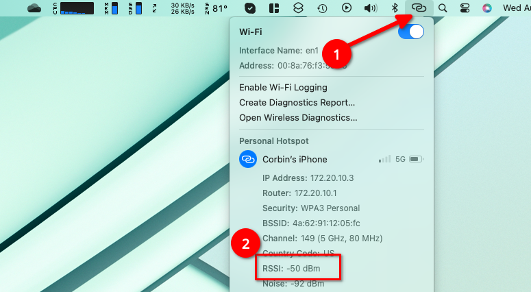 Mac desktop with annotations pointing to the networking icon followed by the RSSI entry in the Wi-Fi stats.