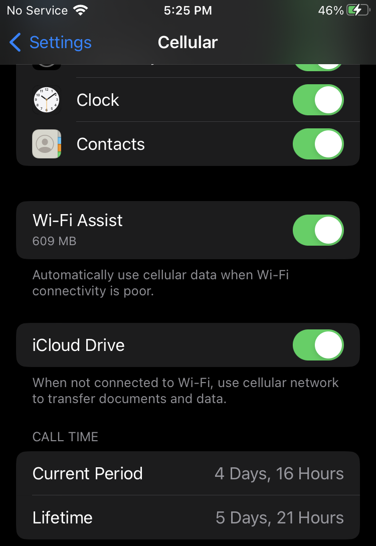 Cellular Settings for an iPhone Showing Wi-Fi Assist