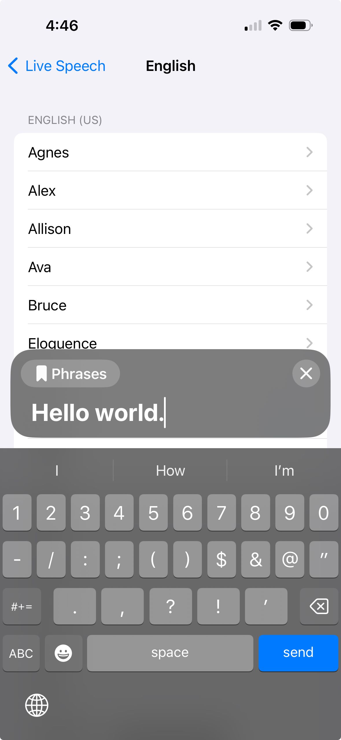 Typing a message for speech on an iPhone.