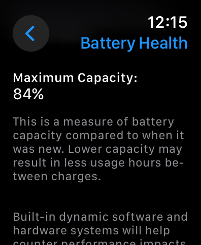 Apple Watch battery health report.