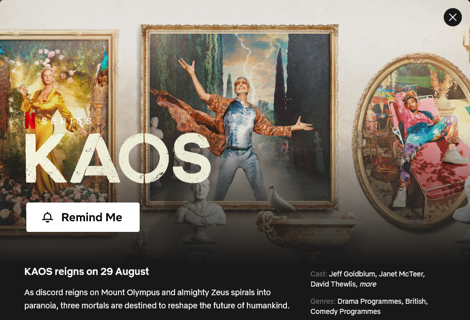 KAOS on Netflix with Remind Me button.