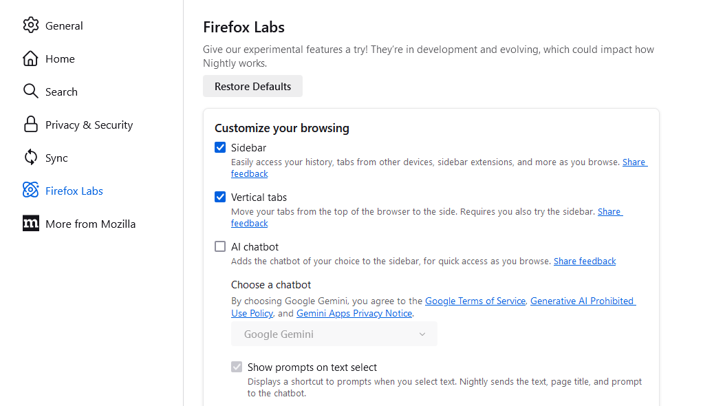 Enabling the sidebar using Firefox Labs settings in Firefox Nightly.