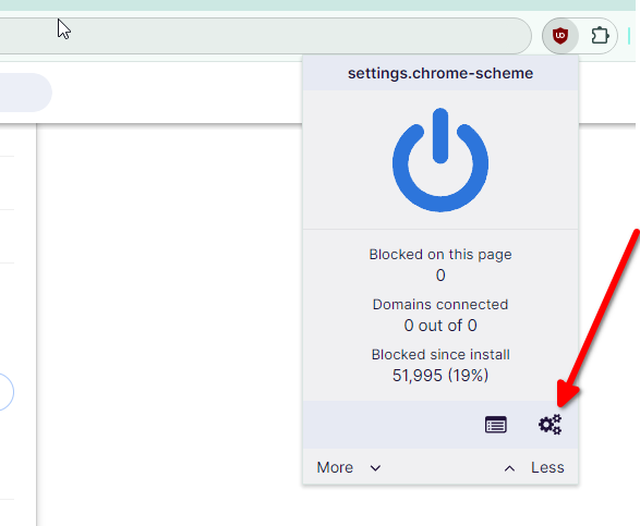 Opening the dashboard on uBlock Origin.