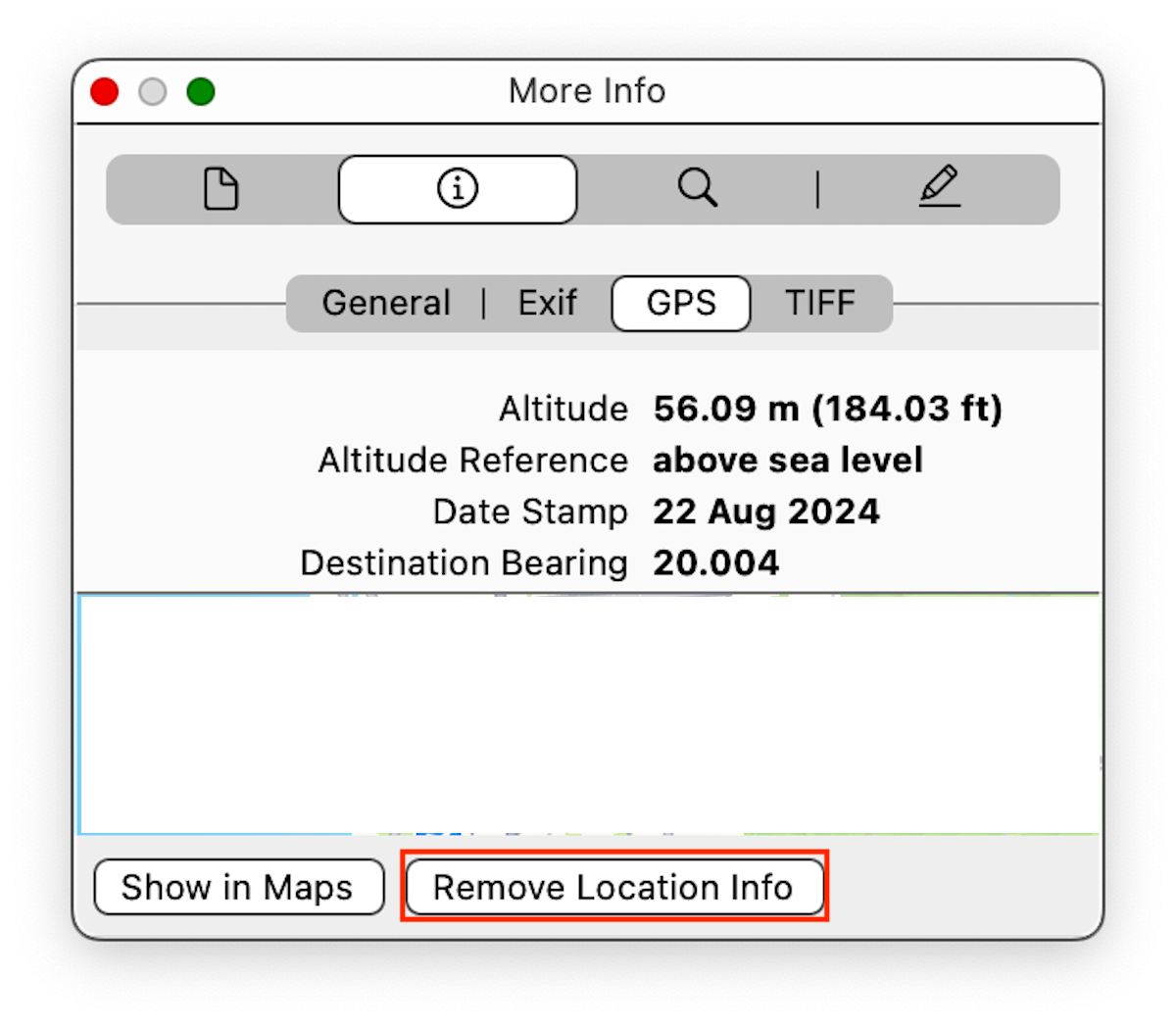 Removing location data from an image in macOS.